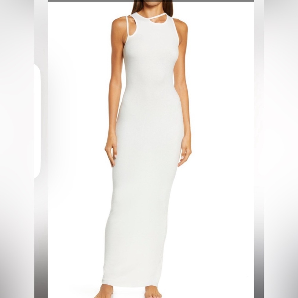 SKINS soft white lounge ribbed cut out maxi dress NWT